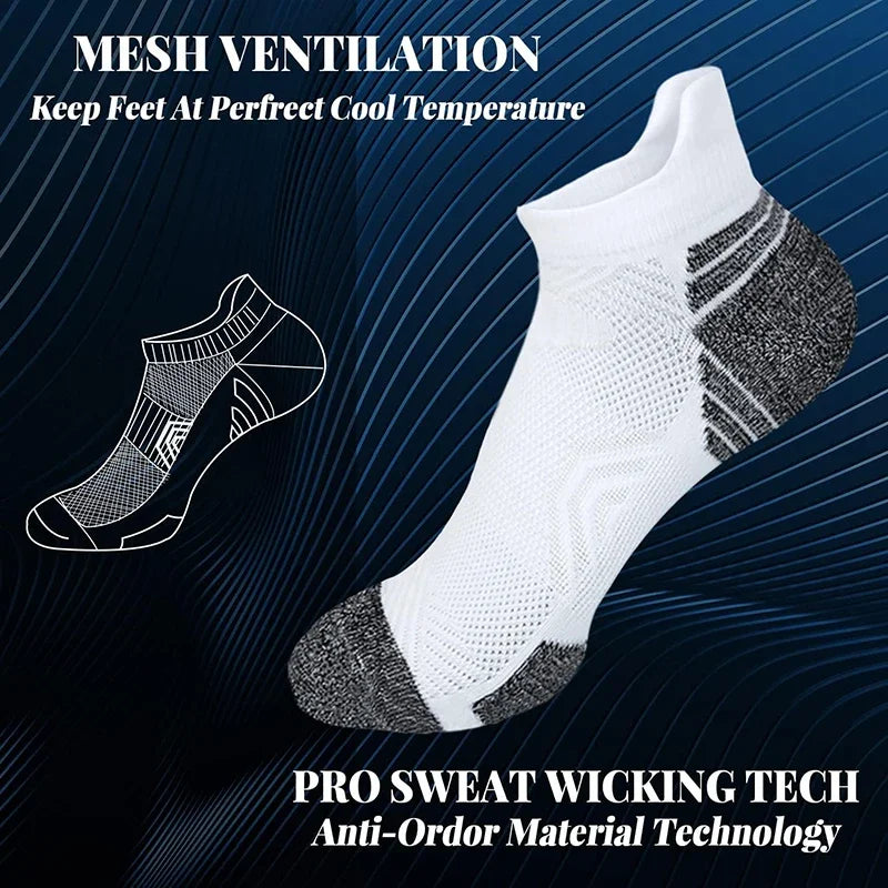 White ankle sock with black mesh and text highlighting mesh ventilation and pro sweat wicking technology on a dark blue background.